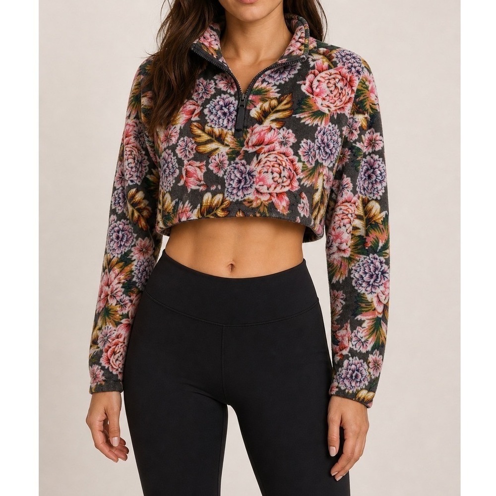Urban Outfitters Fleece Pullover Women S Floral Grey Pink Cropped Quarter Zip